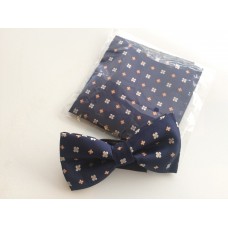 Set vlinderstrik pochet donkerblauw wit oranje Bloemetjes